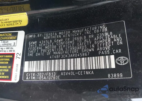 2010 Toyota Camry Le из США, поврежденный, VIN 4T4BF3EK3AR045867